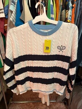 All in motionWhite Cable Knit Sweater with Navy Stripes & Light Blue Neckline